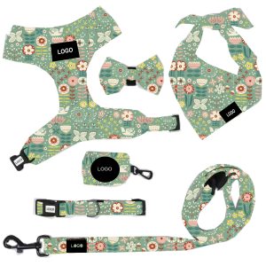Home customized logo print pattern adjustable breathable pet collar leash dog harness set